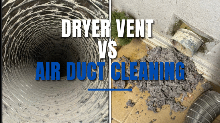 Dryer vent vs air duct cleaning comparison showing lint buildup in dryer vent and dust inside HVAC air ducts