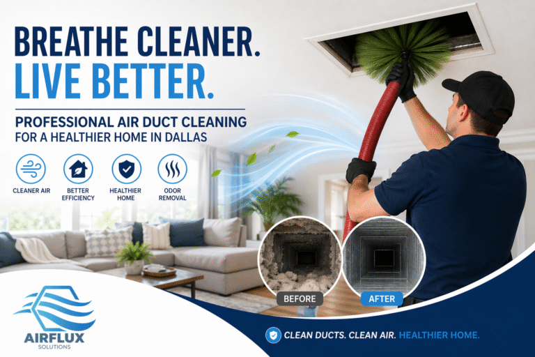 Professional air duct cleaning technician servicing a ceiling vent in a Dallas home with AirFlux branding, showing cleaner air benefits and before-and-after duct results.