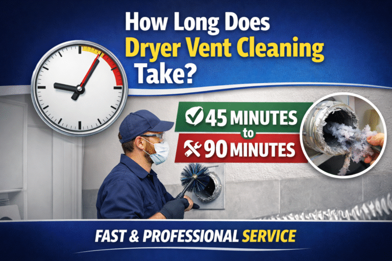 Dryer vent cleaning time in Dallas showing technician cleaning vent with brush, typically takes 45 to 90 minutes
